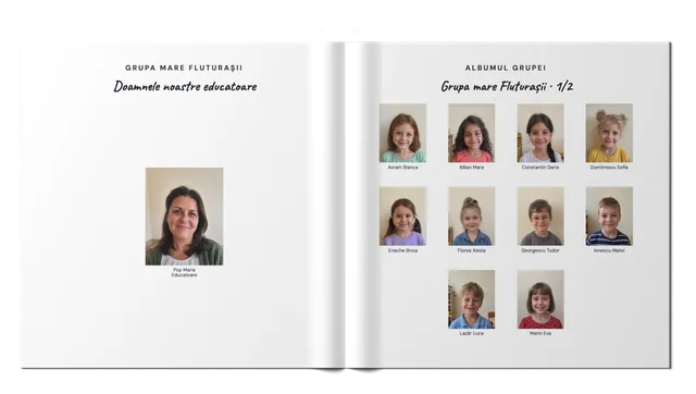 Cartea „Albumul clasei”, deschisă: exemplul „Grupa mare Fluturașii”