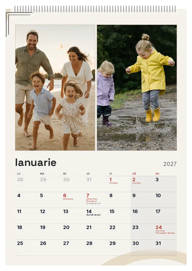Calendar de perete A3 vertical, ianuarie 2027: poza sus și grila lunii pe aceeași pagină