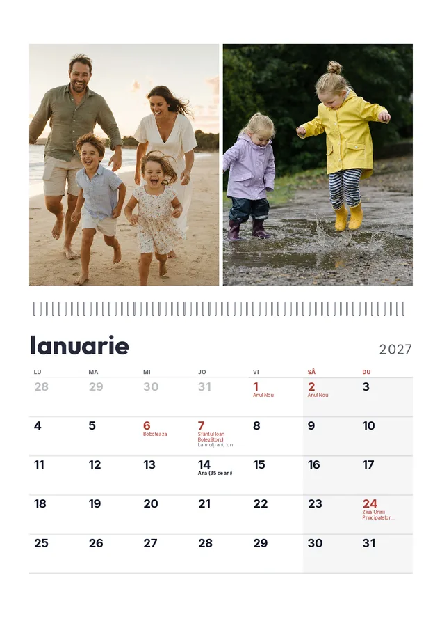Calendar de perete A4 personalizat, deschis pe ianuarie 2027: două poze de familie deasupra spiralei, grila lunii cu sărbători și onomastici dedesubt