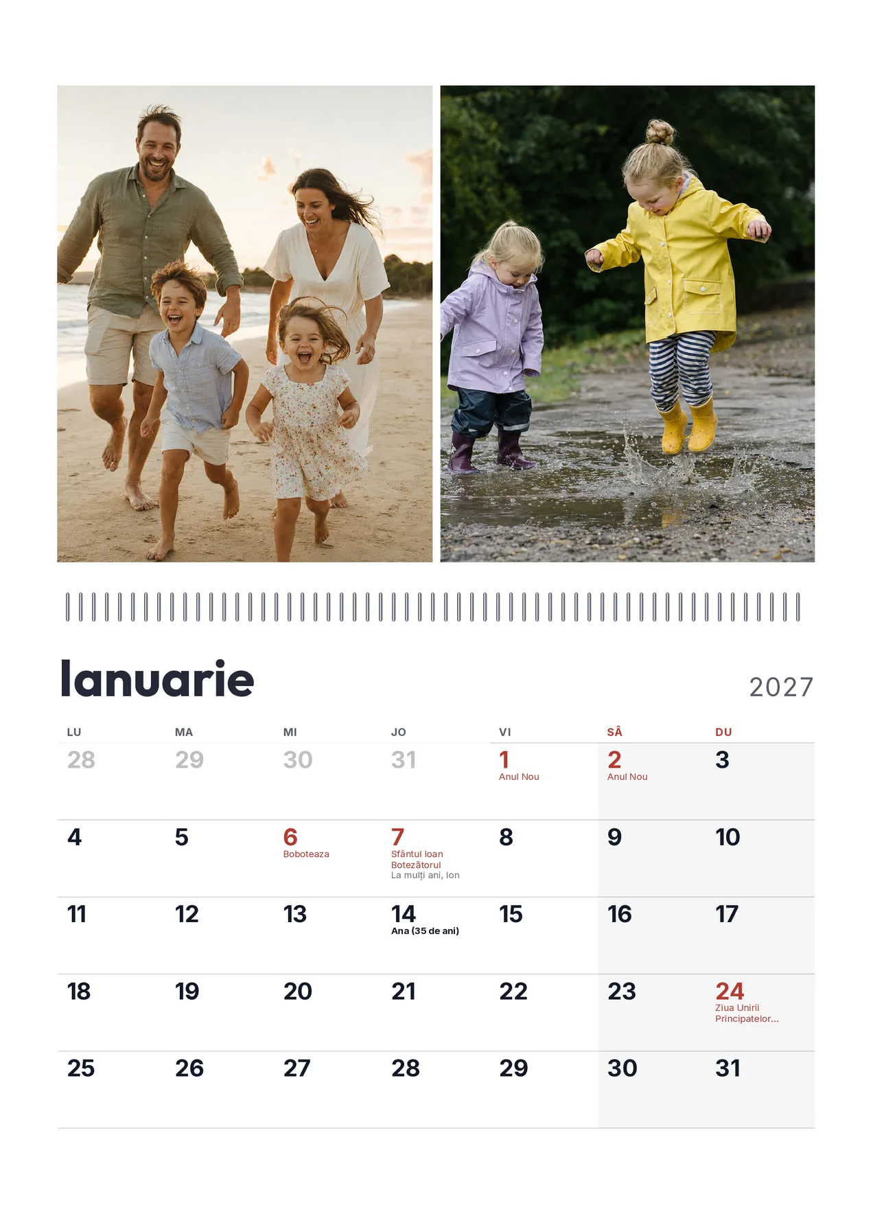 Calendar de perete A4 personalizat, deschis pe ianuarie 2027: două poze de familie deasupra spiralei, grila lunii cu sărbători și onomastici dedesubt