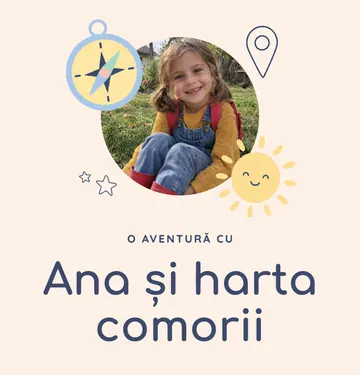 Coperta cărții „Ana și harta comorii”: Ana, 5 ani, zâmbind în iarba din grădină, cu pulover galben și salopetă (fotografie demonstrativă generată cu AI)