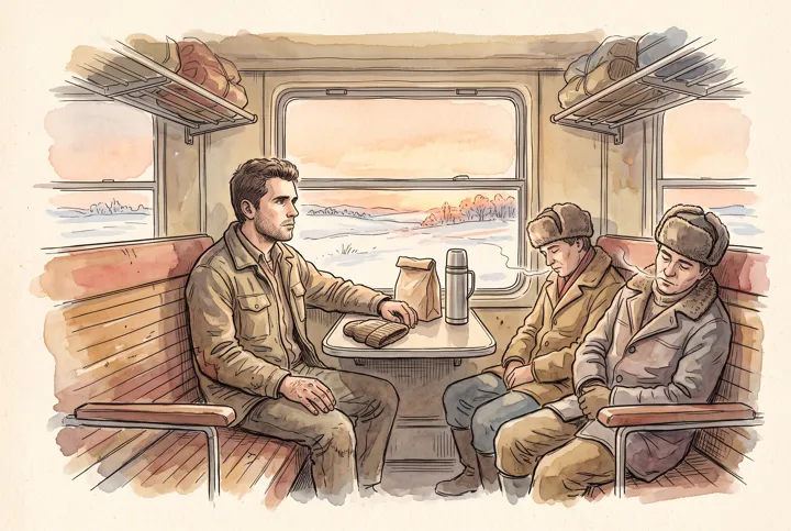 Ilustrație în acuarelă: un tânăr la fereastra unui tren de navetă, în zori de iarnă