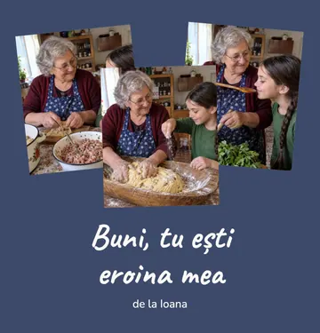 Coperta cărții „Buni, tu ești eroina mea”: Bunica Ana și Ioana rulând sarmale la masa din bucătărie (fotografie demonstrativă generată cu AI)
