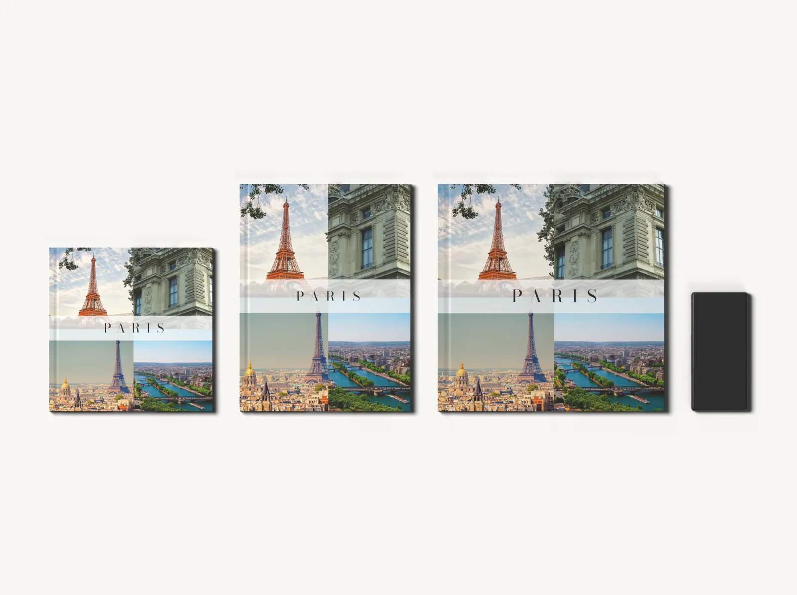 Albumul în tema Colaj de călătorie în formatele 20 × 20, 21 × 28 și 28 × 28 cm, la scară, lângă un telefon
