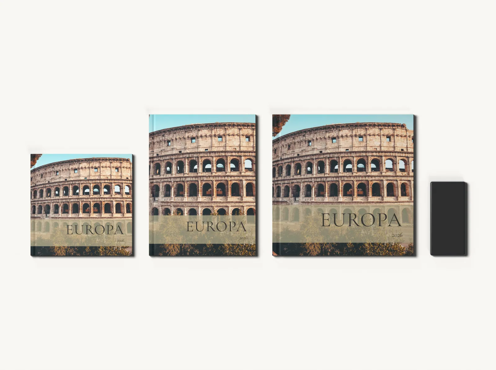 Albumul în tema Jurnal european în formatele 20 × 20, 21 × 28 și 28 × 28 cm, la scară, lângă un telefon