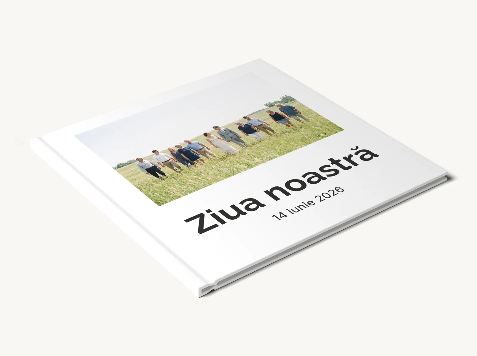 Albumul demo închis, văzut din lateral: coperta, cotorul și paginile, în tema Minimal alb