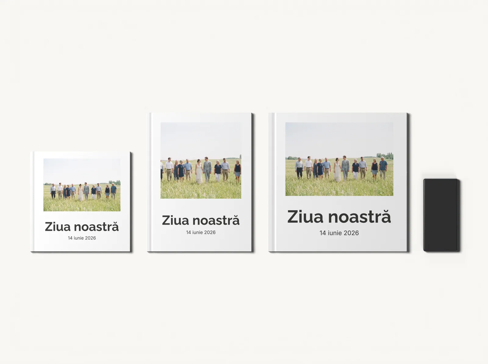 Albumul în tema Minimal alb în formatele 20 × 20, 21 × 28 și 28 × 28 cm, la scară, lângă un telefon