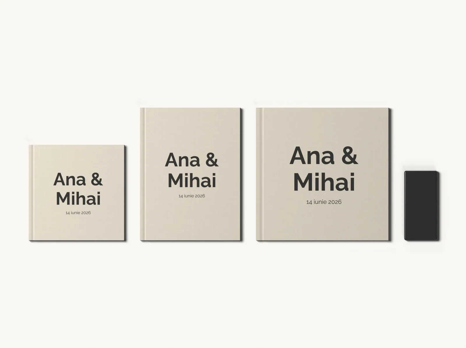 Albumul în tema Nuntă editorială în formatele 20 × 20, 21 × 28 și 28 × 28 cm, la scară, lângă un telefon