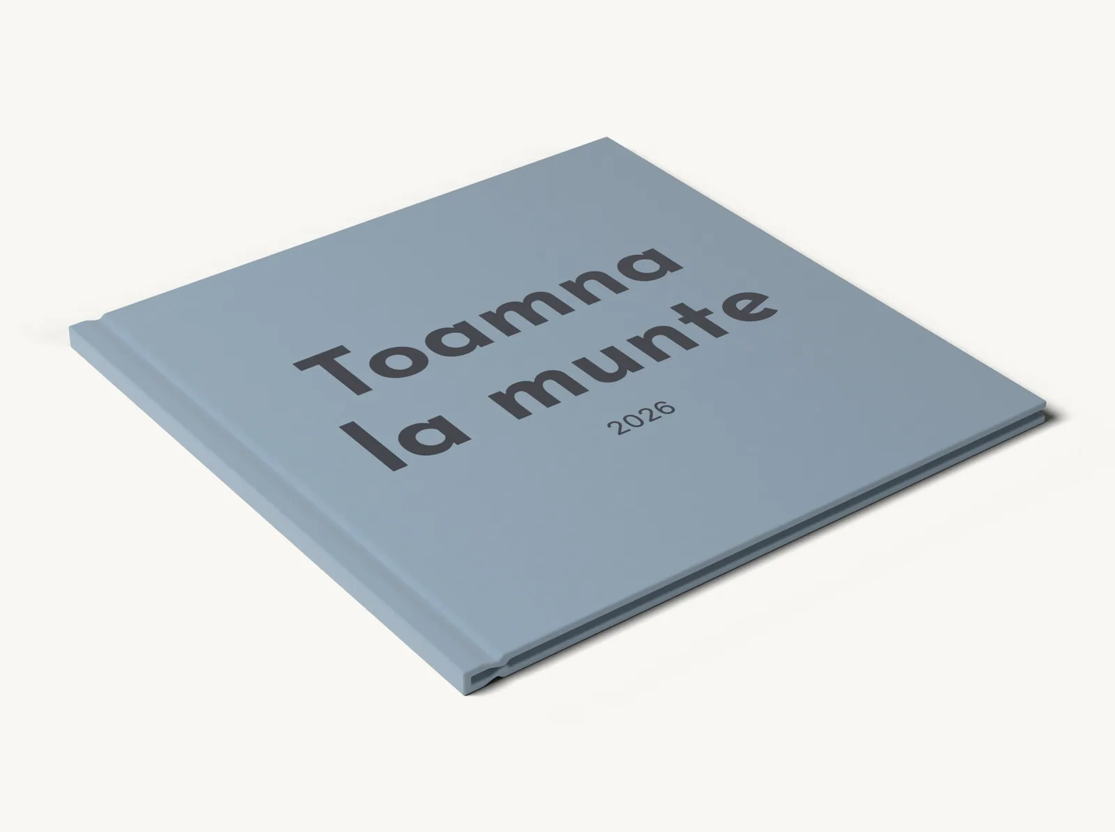 Albumul demo închis, văzut din lateral: coperta, cotorul și paginile, în tema Pânză albastru prăfuit