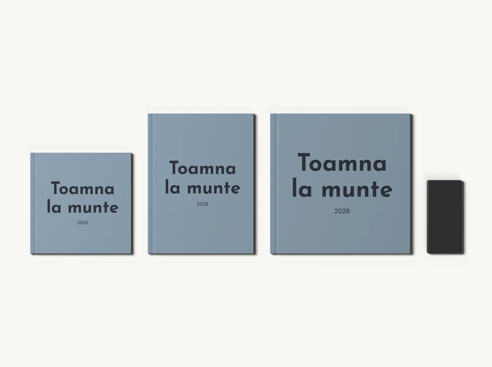 Albumul în tema Pânză albastru prăfuit în formatele 20 × 20, 21 × 28 și 28 × 28 cm, la scară, lângă un telefon