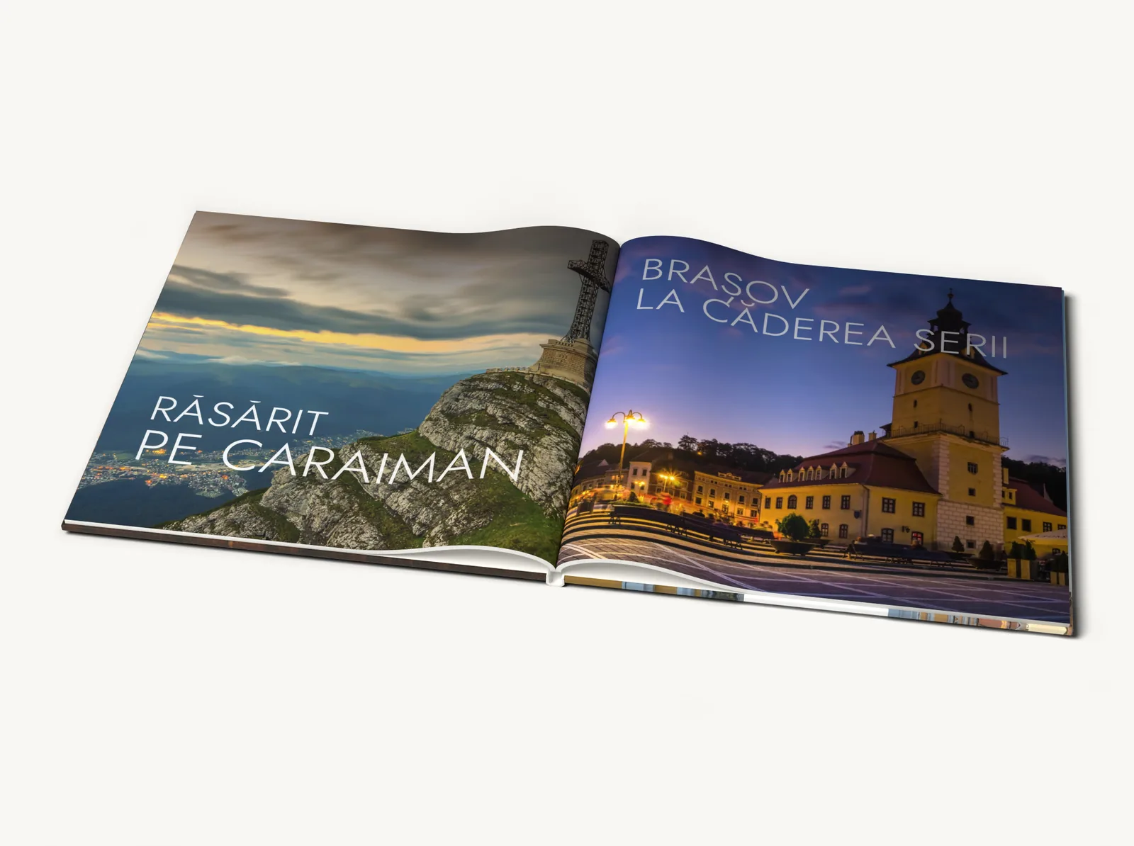 Albumul în tema Poză întreagă deschis la o pagină dublă, cu paginile intrând în cotor